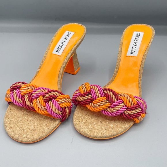 NEW Steve Madden Cork Multi Color Braided Strap Low Heels